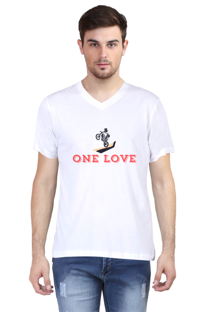 Biker-Printed V-Neck T-Shirt- One Love