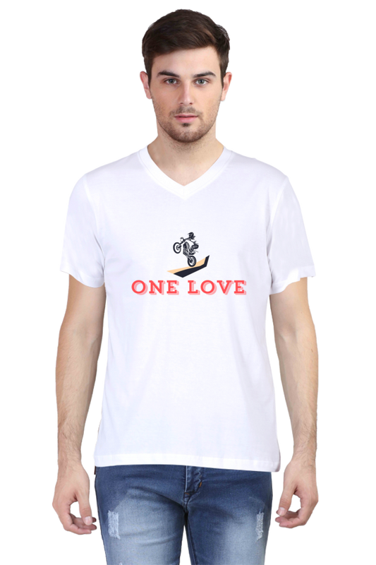 Biker-Printed V-Neck T-Shirt- One Love