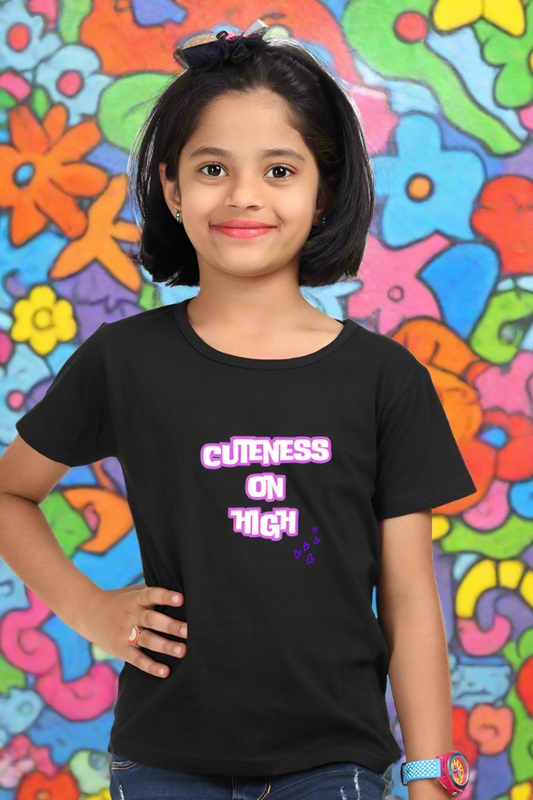 Girl's T-Shirt-Cuteness On High-Vinyl white puff Print